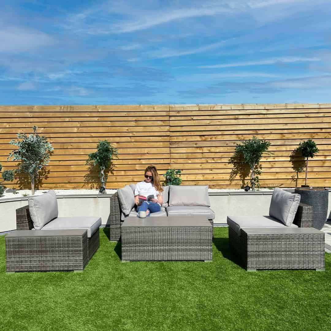 Grey rattan modular sofa set. Configured as a two seat sofa and two chairs #colour_grey