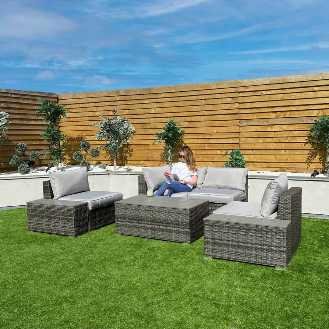 Grey rattan modular sofa set. Configured as a two seat sofa and two chairs #colour_grey