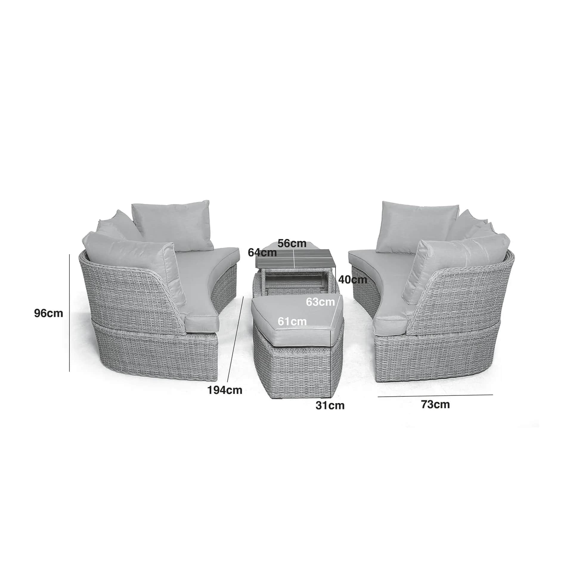 Grey/Taupe Rattan Daybed with Adjustable Table Measurements/Footprint