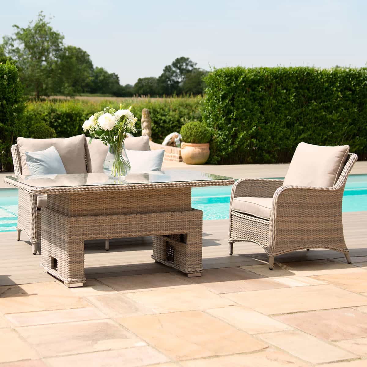 Grey/Taupe Rattan 2 Seat Sofa Dining Set with Rising Table