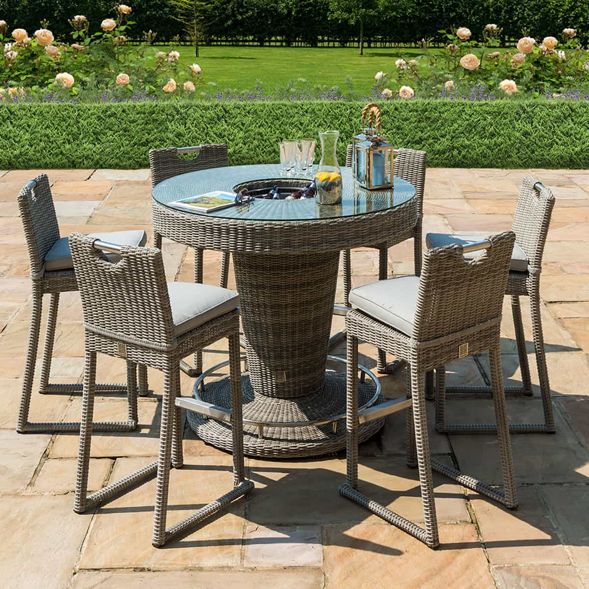 Light grey rattan 6 seat round bar set with ice bucket table