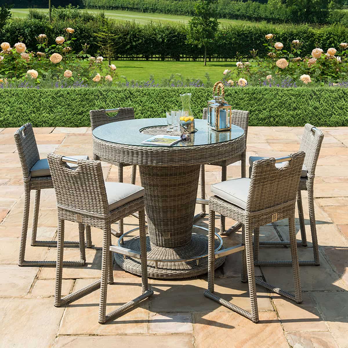 Light grey rattan 6 seat round bar set with ice bucket table