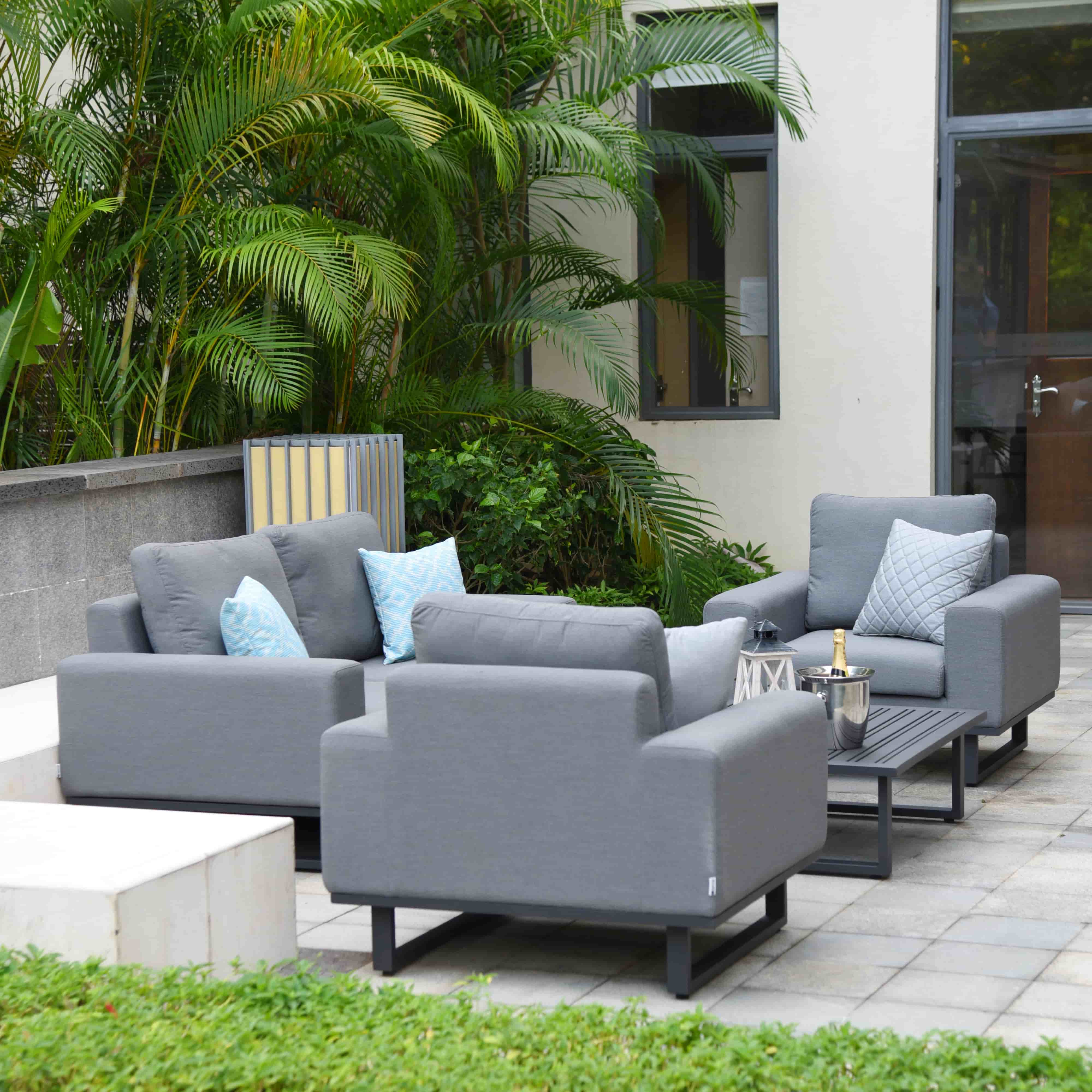 Grey Fabric and Grey Aluminium 2 Seat Sofa Set with 2 Armchairs and a Slatted Square Coffee Table #colour_flanelle