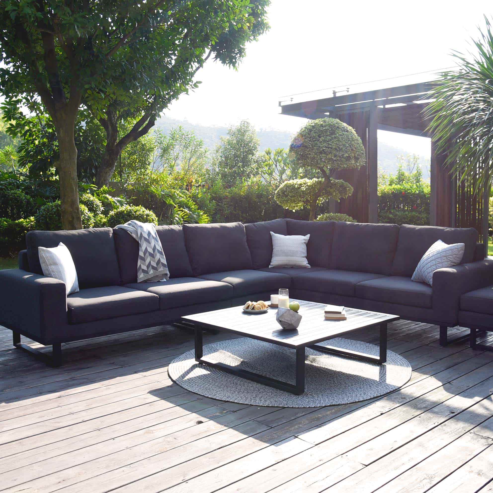 Charcoal Outdoor Fabric and Black Aluminium Large Corner Sofa with a Slatted Coffee Table #colour_charcoal