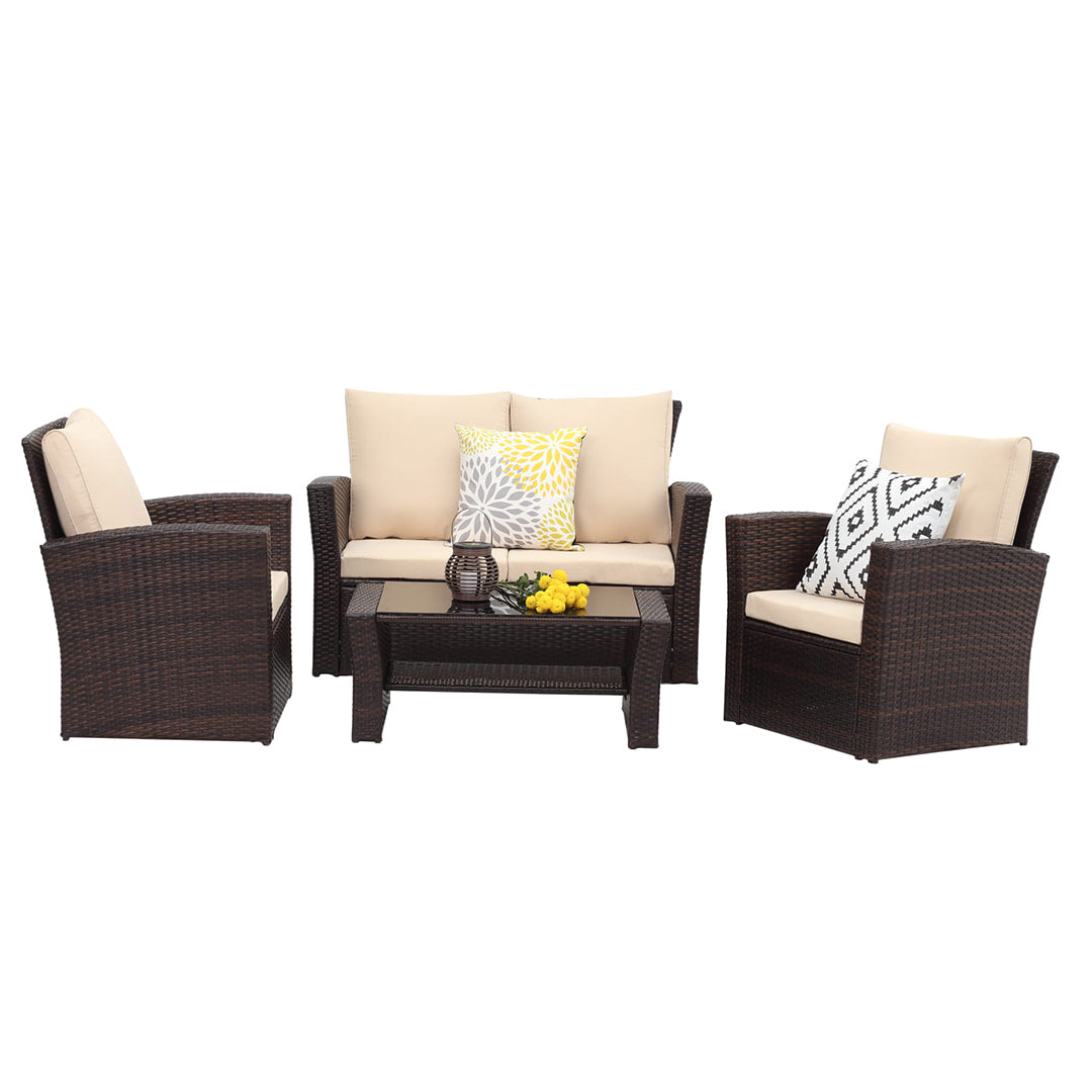 Brown rattan sofa set with a 2-seat sofa, two chairs and matching coffee table #colour_brown