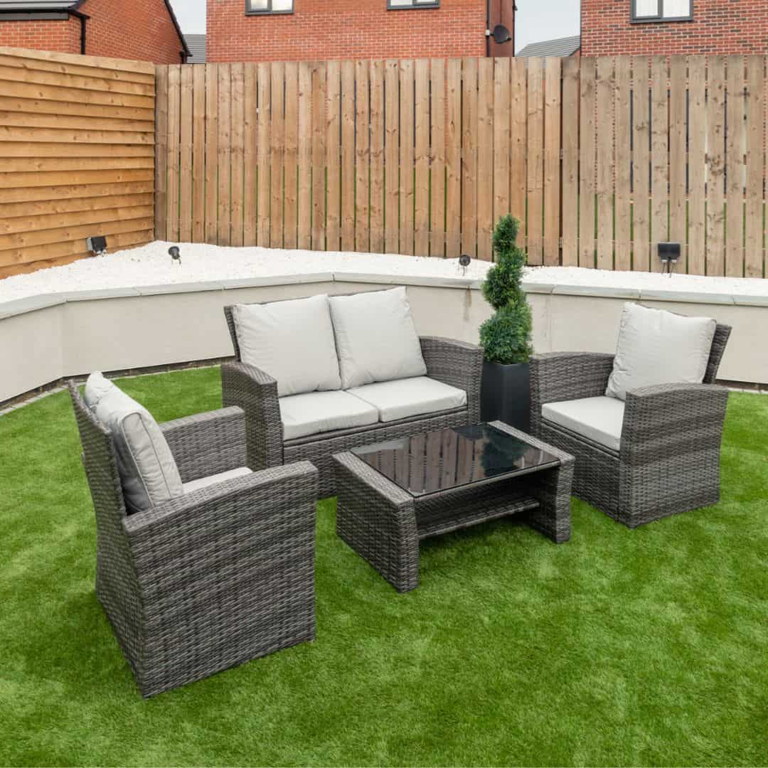 Grey rattan sofa set with a 2-seat sofa, two chairs and matching coffee table #colour_grey