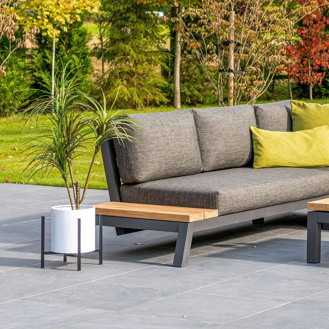 Close up of an anthracite aluminium corner sofa.
