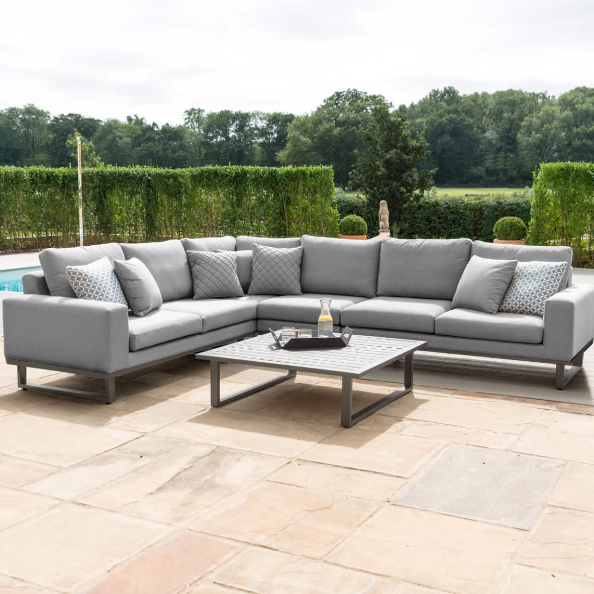 Grey Outdoor Fabric and Grey Aluminium Large Corner Sofa with a Slatted Coffee Table #colour_flanelle
