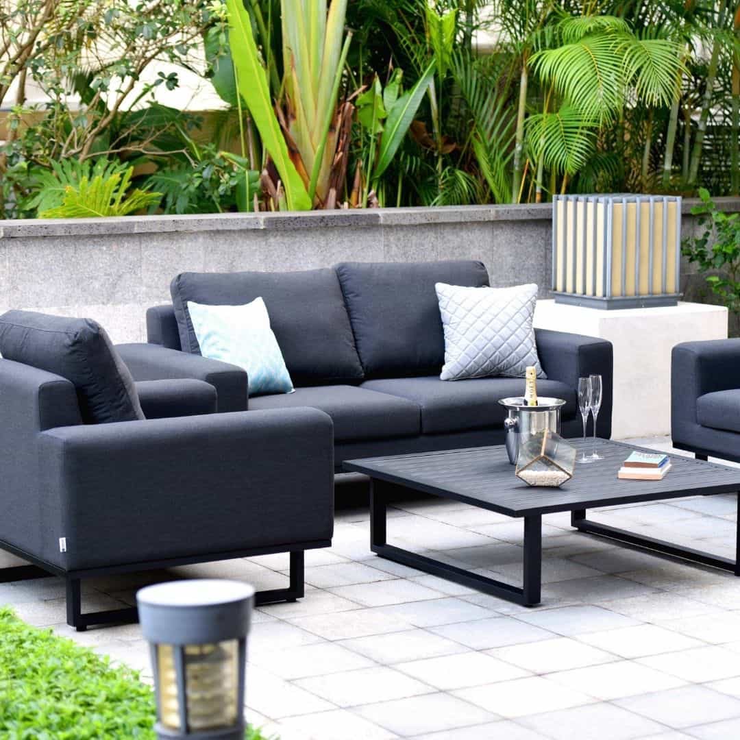 Charcoal Fabric and Black Aluminium 2 Seat Sofa Set with 2 Armchairs and a Slatted Square Coffee Table #colour_charcoal