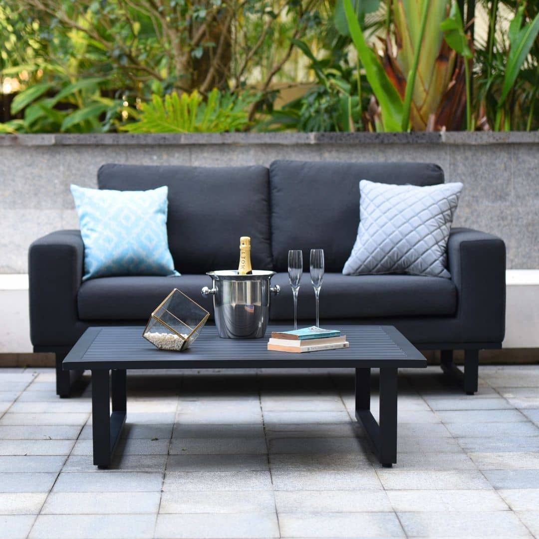 Charcoal Fabric and Black Aluminium 2 Seat Sofa Set with 2 Armchairs and a Slatted Square Coffee Table #colour_charcoal