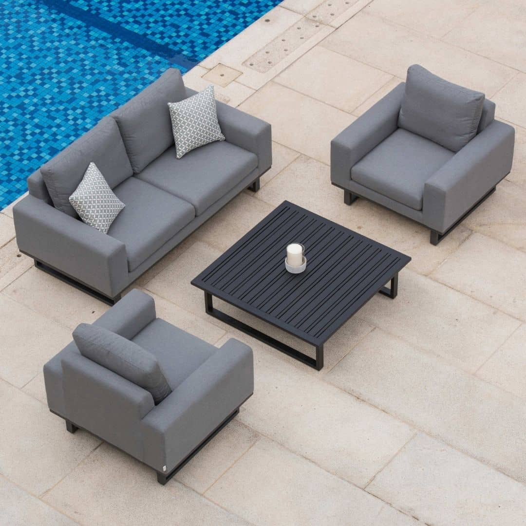 Grey Fabric and Grey Aluminium 2 Seat Sofa Set with 2 Armchairs and a Slatted Square Coffee Table #colour_flanelle