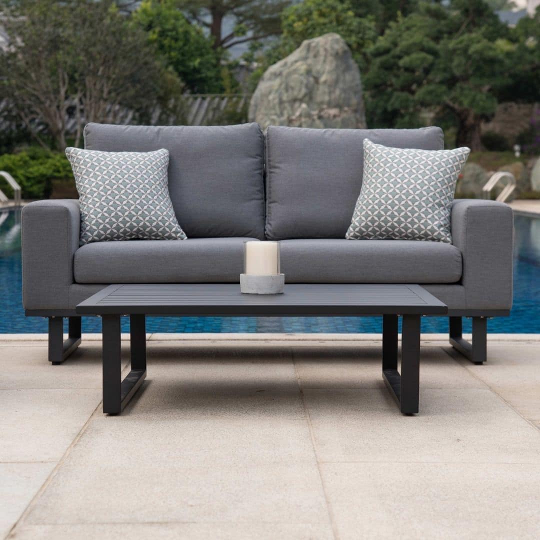 Grey Fabric and Grey Aluminium 2 Seat Sofa Set with 2 Armchairs and a Slatted Square Coffee Table #colour_flanelle