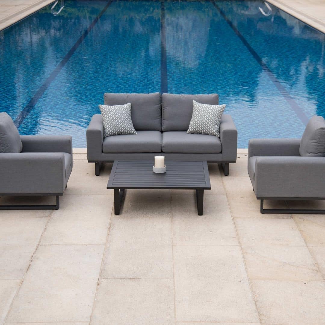 Grey Fabric and Grey Aluminium 2 Seat Sofa Set with 2 Armchairs and a Slatted Square Coffee Table #colour_flanelle