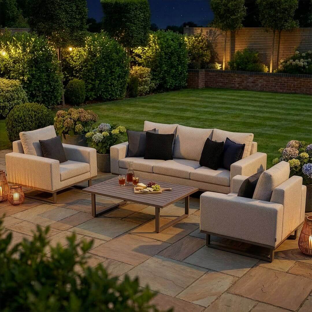 Latte Outdoor Fabric 3 Seat Sofa Set with Slatted Aluminium Coffee Table #colour_latte