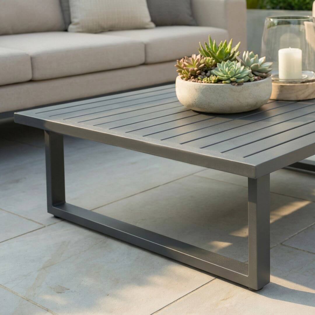 Beige Oatmeal Outdoor Fabric 3 Seat Sofa Set with Slatted Aluminium Coffee Table #colour_oatmeal