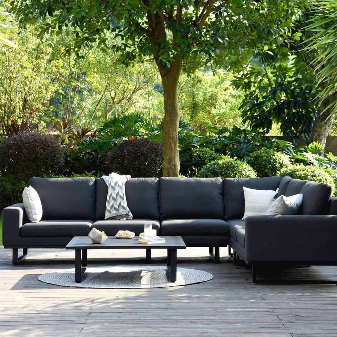 Charcoal Outdoor Fabric and Black Aluminium Large Corner Sofa with a Slatted Coffee Table #colour_charcoal