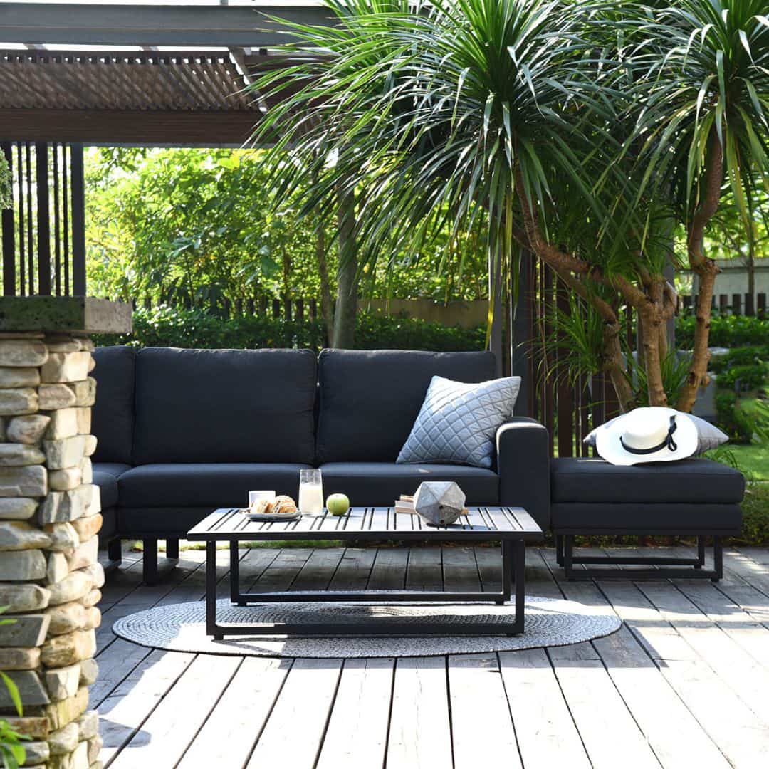 Charcoal Outdoor Fabric and Black Aluminium Large Corner Sofa with a Slatted Coffee Table #colour_charcoal