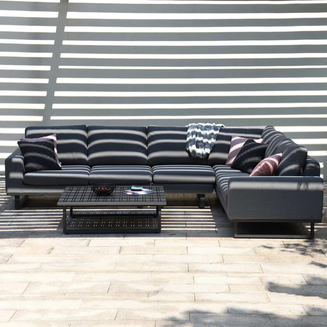 Grey Outdoor Fabric and Grey Aluminium Large Corner Sofa with a Slatted Coffee Table #colour_flanelle