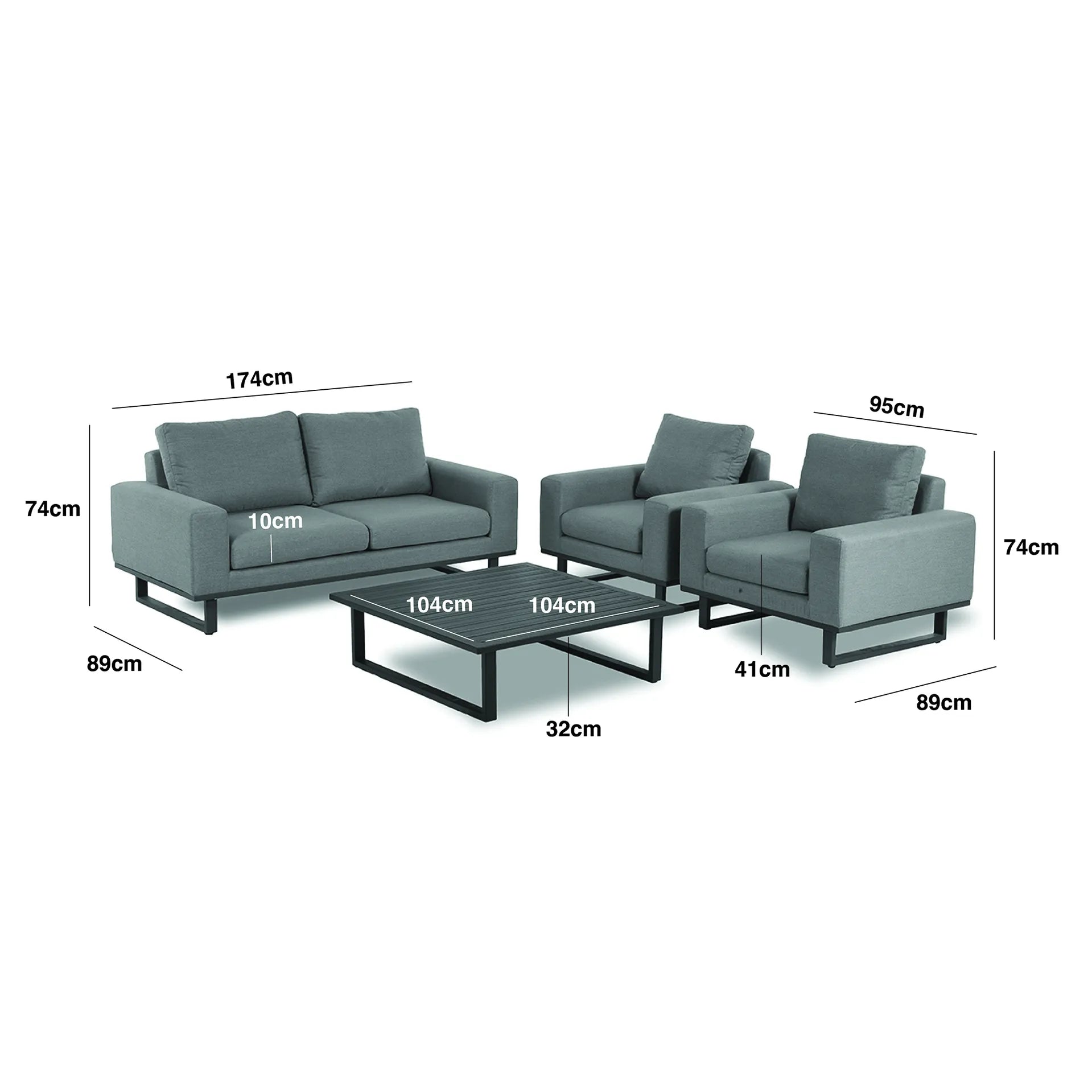 Fabric and Aluminium 2 Seat Sofa Set with 2 Armchairs and a Slatted Square Coffee Table Measurements/Footprint