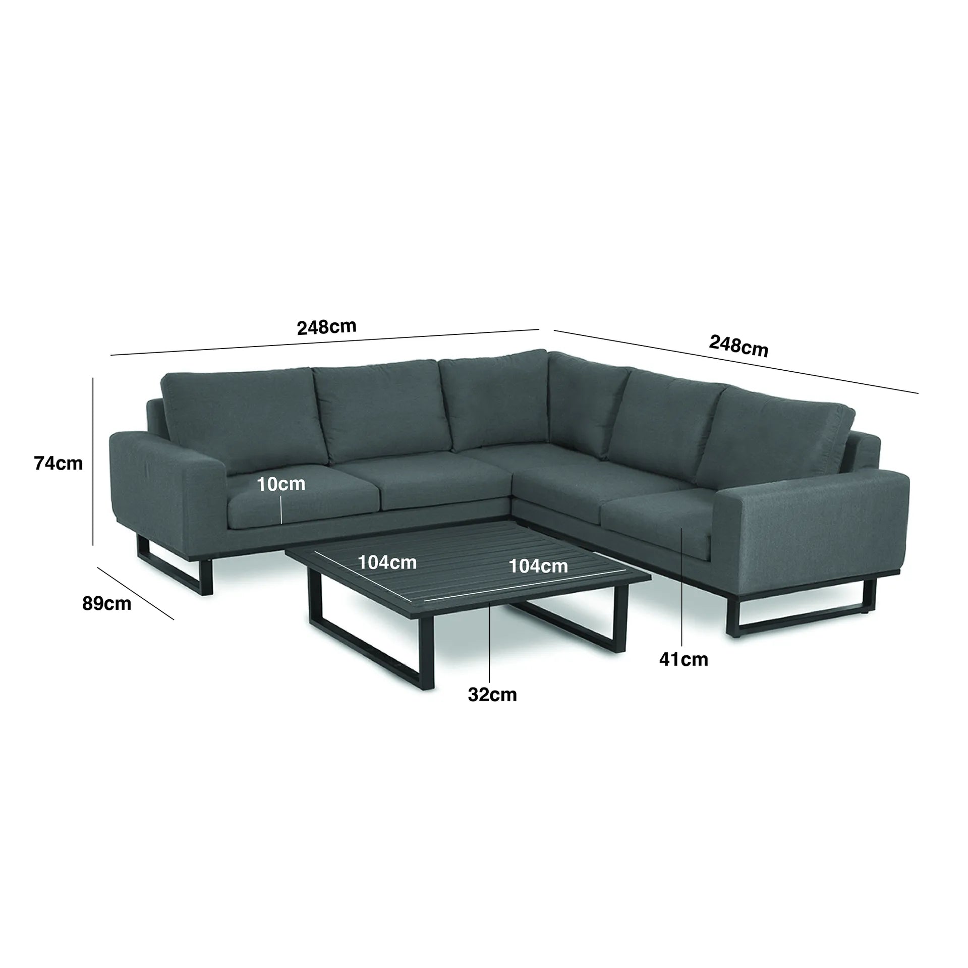 Outdoor Fabric and Aluminium Corner Sofa with a Slatted Coffee Table Measurements/Footprint