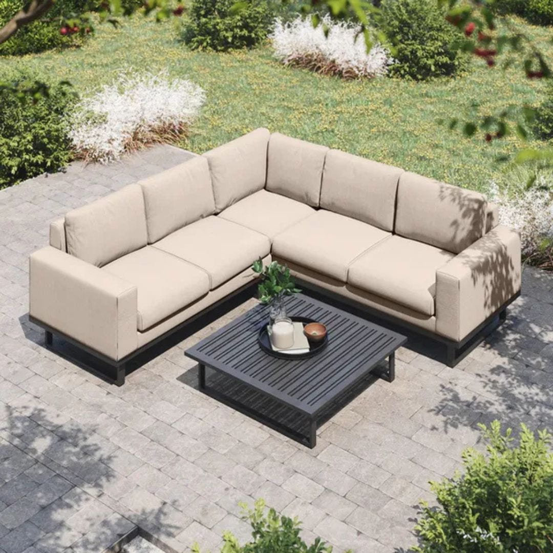 Beige Oatmeal Outdoor Fabric and Grey Aluminium Corner Sofa with a Slatted Coffee Table #colour_oatmeal