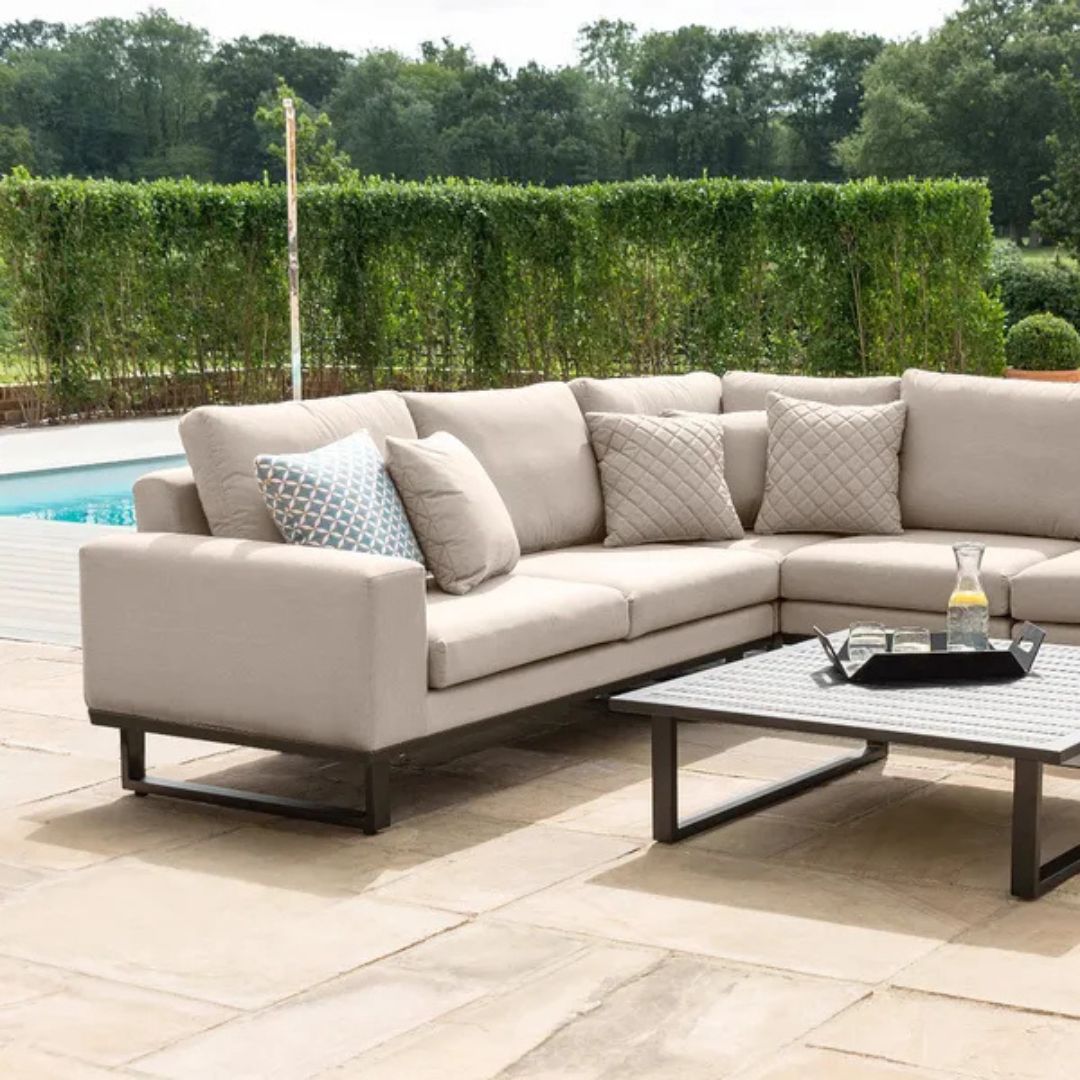 Beige Oatmeal Outdoor Fabric and Grey Aluminium Corner Sofa with a Slatted Coffee Table #colour_oatmeal