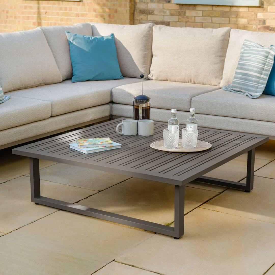 Latte Outdoor Fabric and Grey Aluminium Large Corner Sofa with a Slatted Coffee Table #colour_latte
