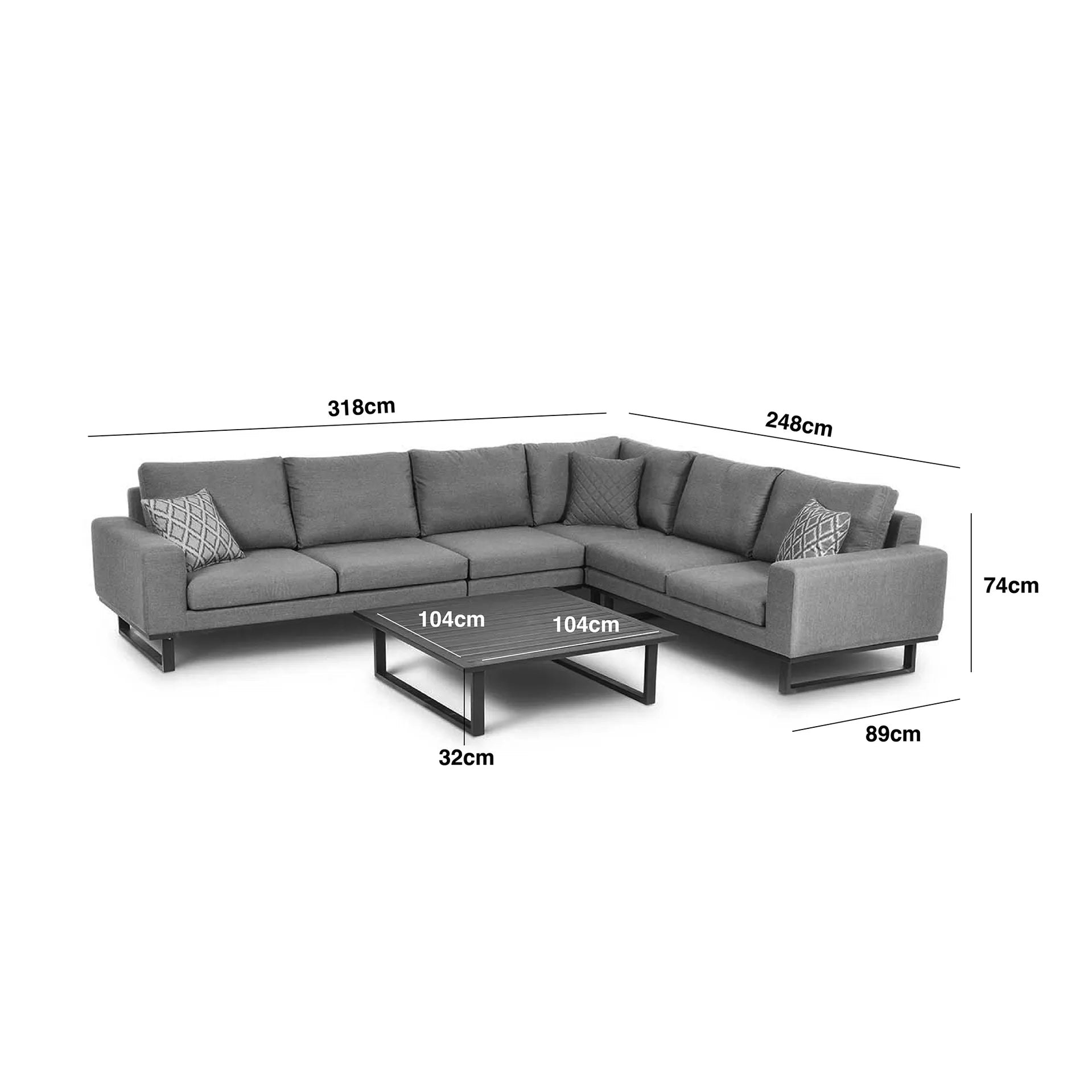 Outdoor Fabric and Aluminium Large Corner Sofa with a Slatted Coffee Table Measurements/Footprint