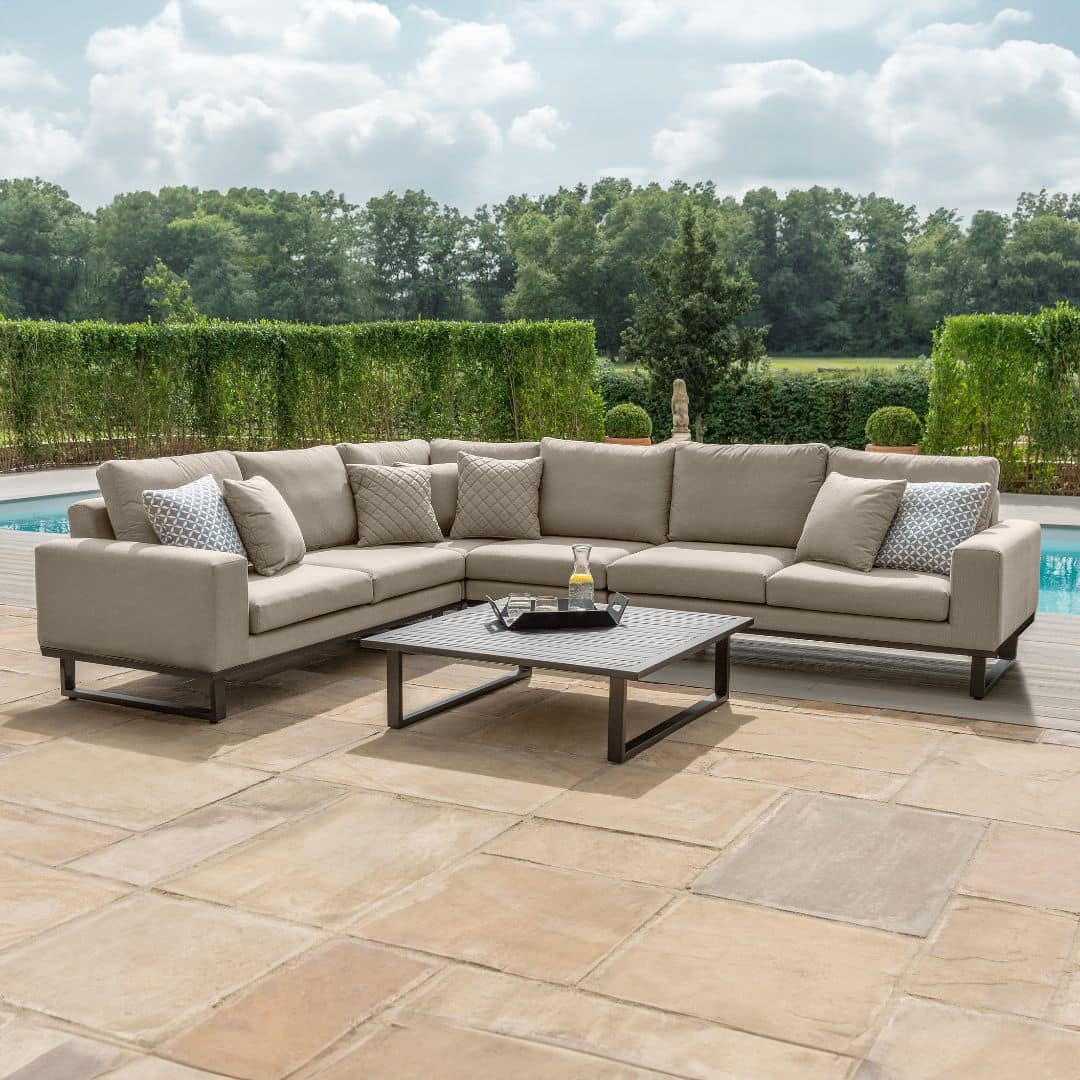 Beige Oatmeal Outdoor Fabric and Grey Aluminium Large Corner Sofa with a Slatted Coffee Table #colour_oatmeal