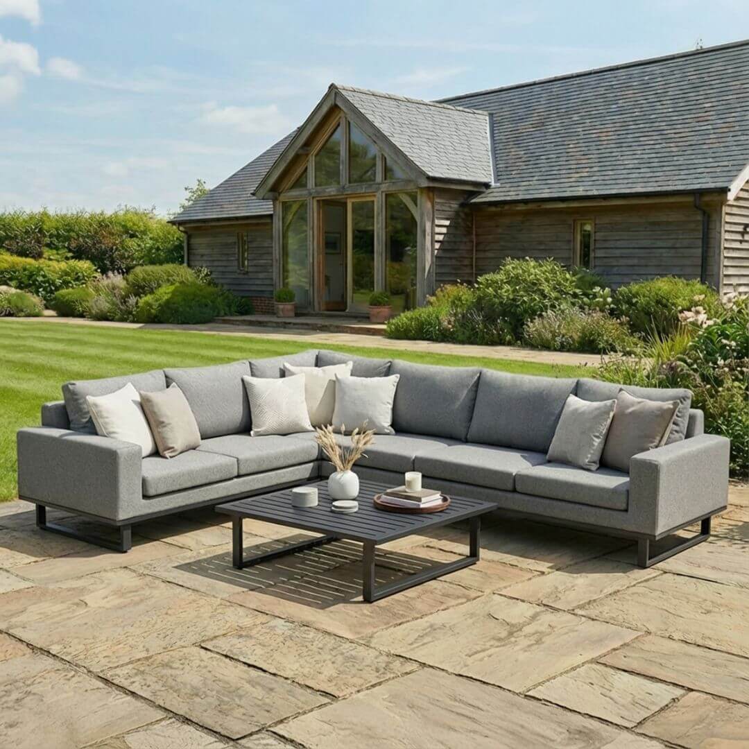 Zinc Grey Outdoor Fabric and Grey Aluminium Large Corner Sofa with a Slatted Coffee Table #colour_zinc grey