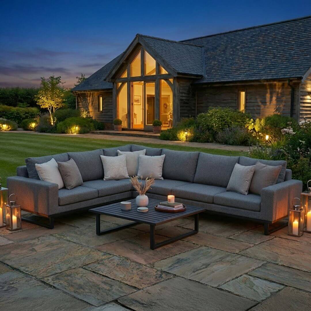 Zinc Grey Outdoor Fabric and Grey Aluminium Large Corner Sofa with a Slatted Coffee Table #colour_zinc grey