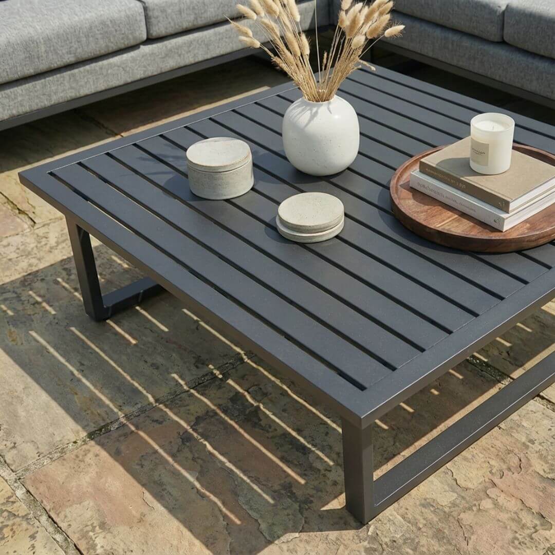 Zinc Grey Outdoor Fabric and Grey Aluminium Large Corner Sofa with a Slatted Coffee Table #colour_zinc grey