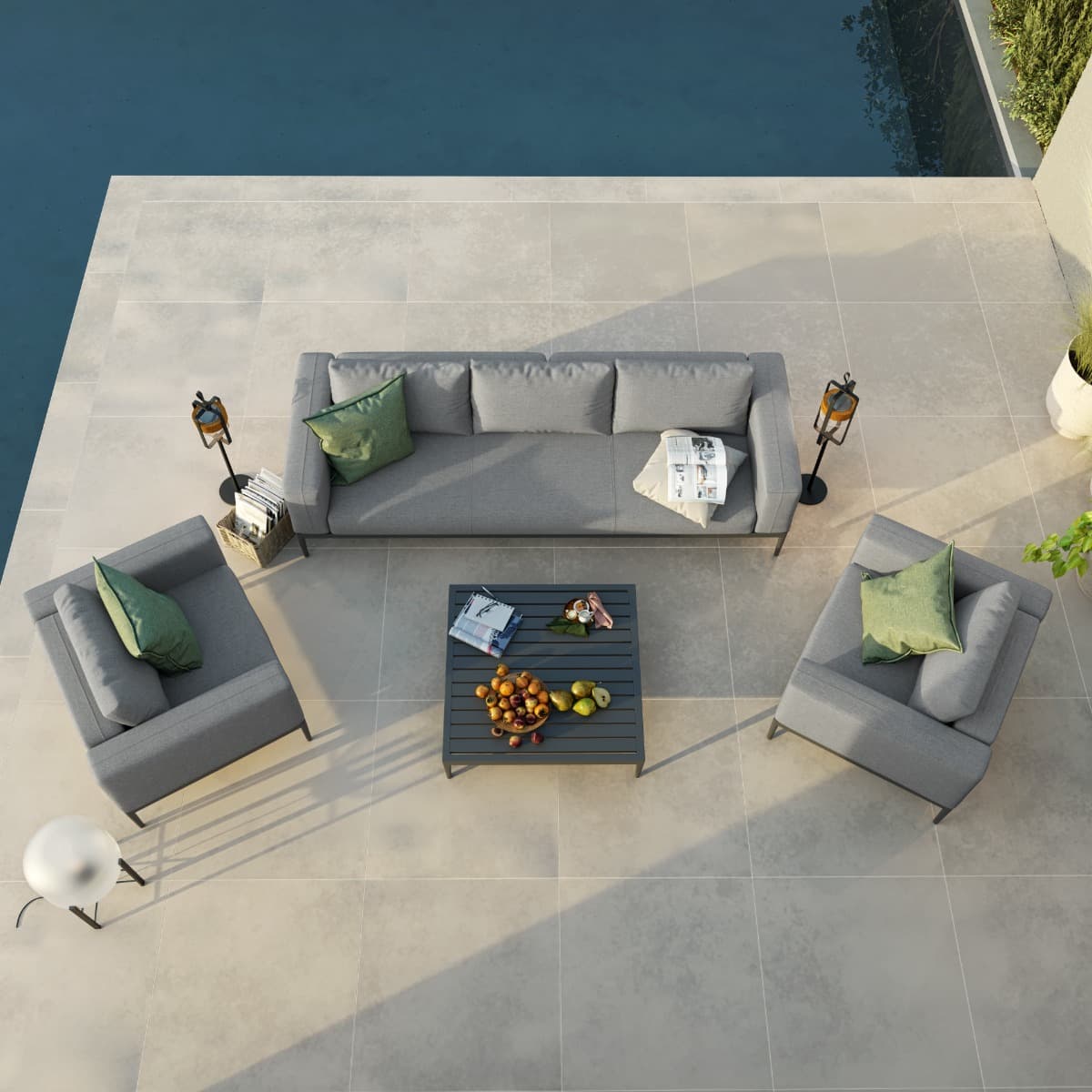 Grey Outdoor Fabric and Grey Aluminium 3 Seat Sofa Set with 2 Armchairs and Coffee Table #colour_flanelle