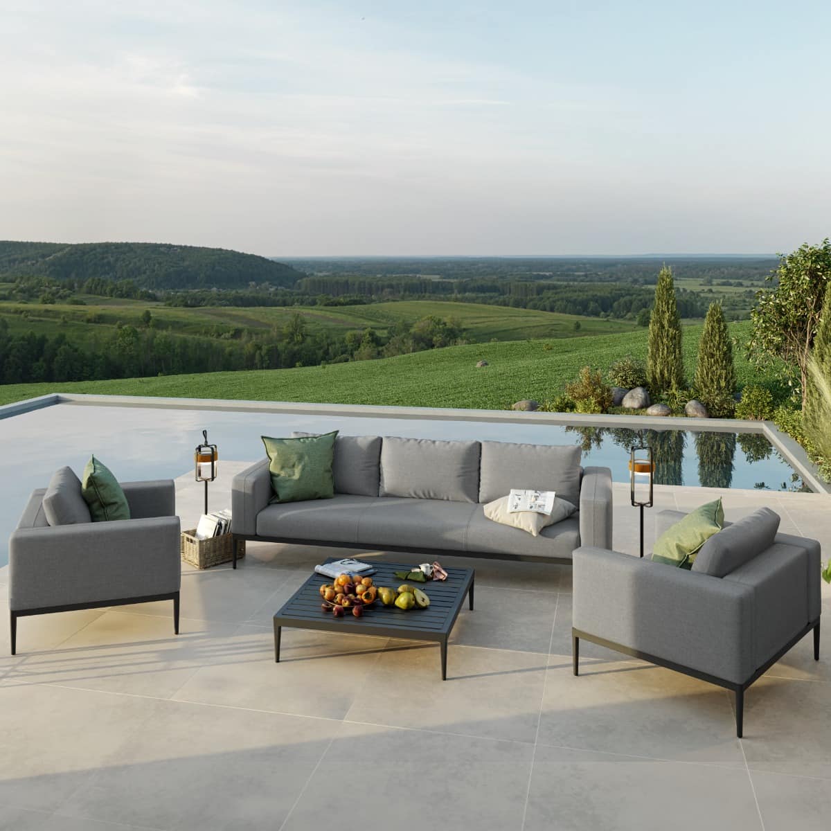 Grey Outdoor Fabric and Grey Aluminium 3 Seat Sofa Set with 2 Armchairs and Coffee Table #colour_flanelle