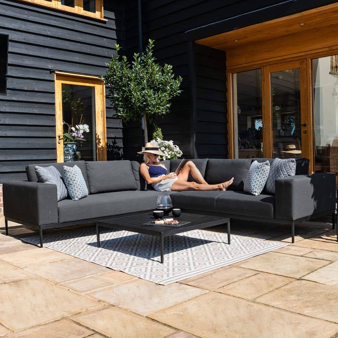 Charcoal Outdoor Fabric and Black Aluminium Corner Sofa with a Slatted Coffee Table #colour_charcoal