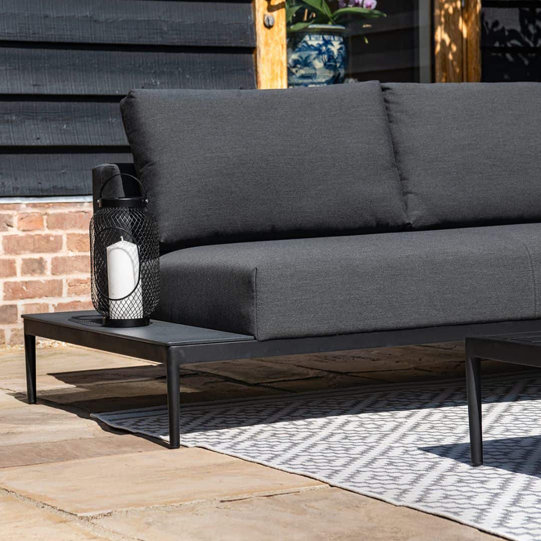 Charcoal Outdoor Fabric and Black Aluminium Corner Sofa with a Slatted Coffee Table #colour_charcoal