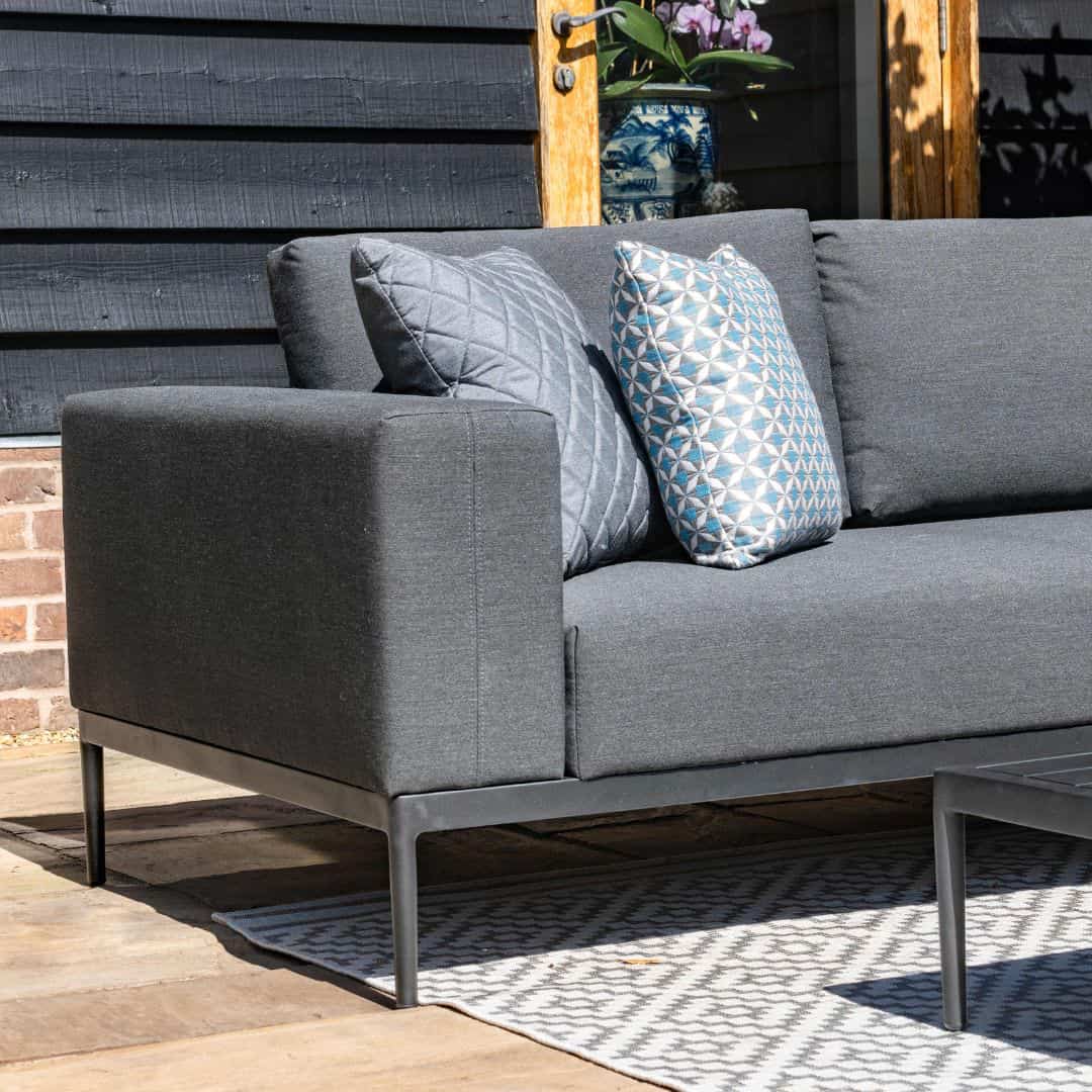 Grey Outdoor Fabric and Grey Aluminium Corner Sofa with a Slatted Coffee Table #colour_flanelle