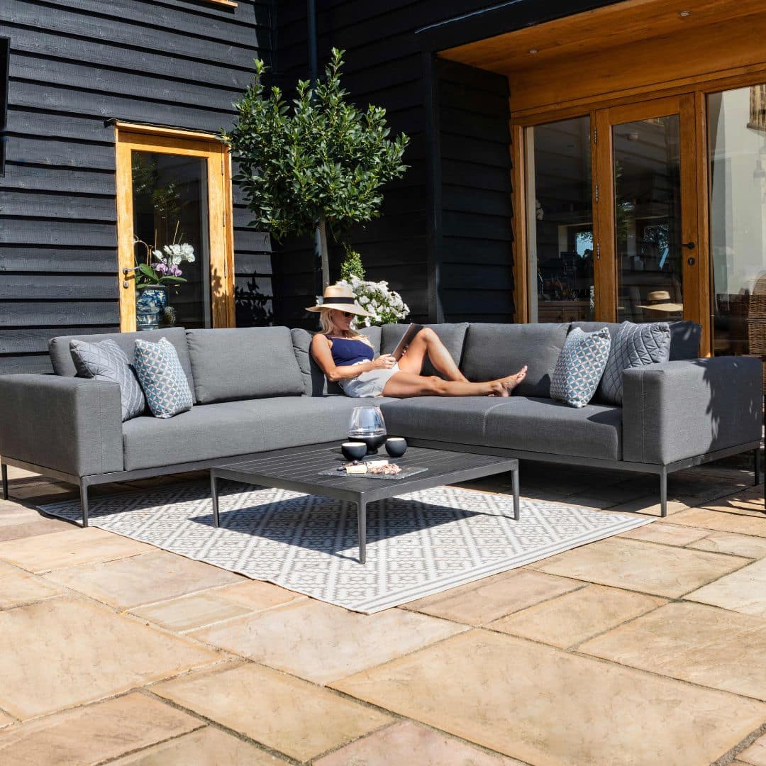 Grey Outdoor Fabric and Grey Aluminium Corner Sofa with a Slatted Coffee Table #colour_flanelle