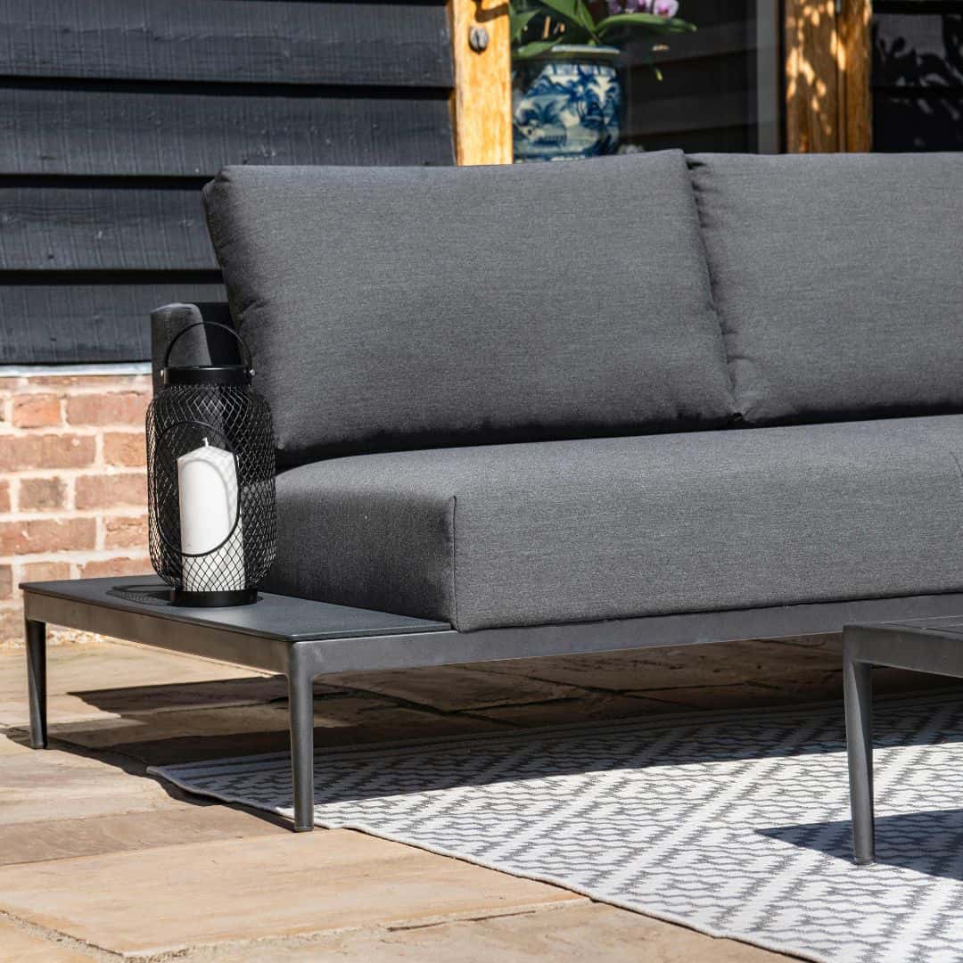 Grey Outdoor Fabric and Grey Aluminium Corner Sofa with a Slatted Coffee Table #colour_flanelle