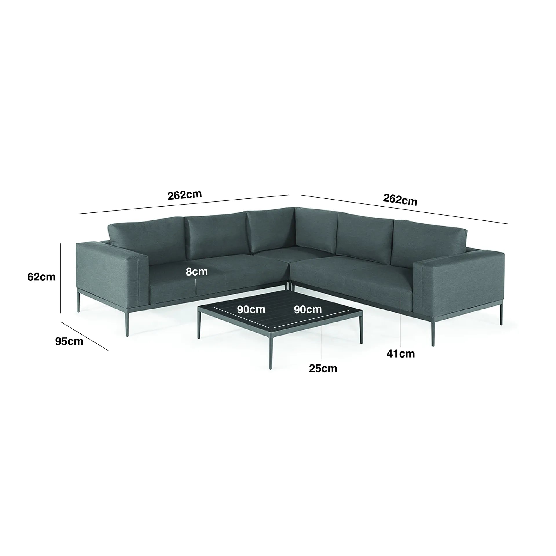 Outdoor Fabric and Aluminium Corner Sofa with a Slatted Coffee Table Measurements/Footprint