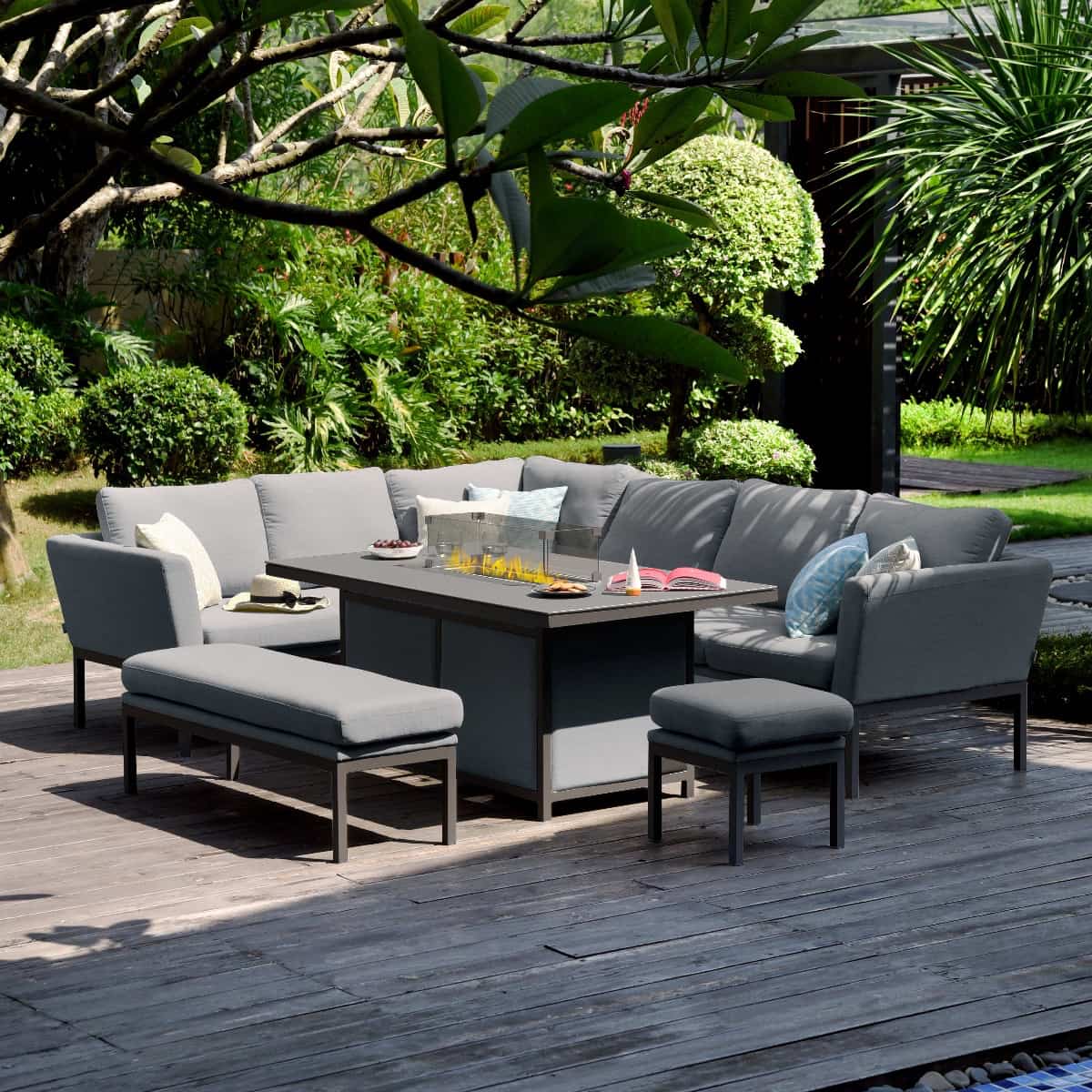 Fabric corner sofa dining set with rectangular fire pit table, bench and one stool #colour_flanelle