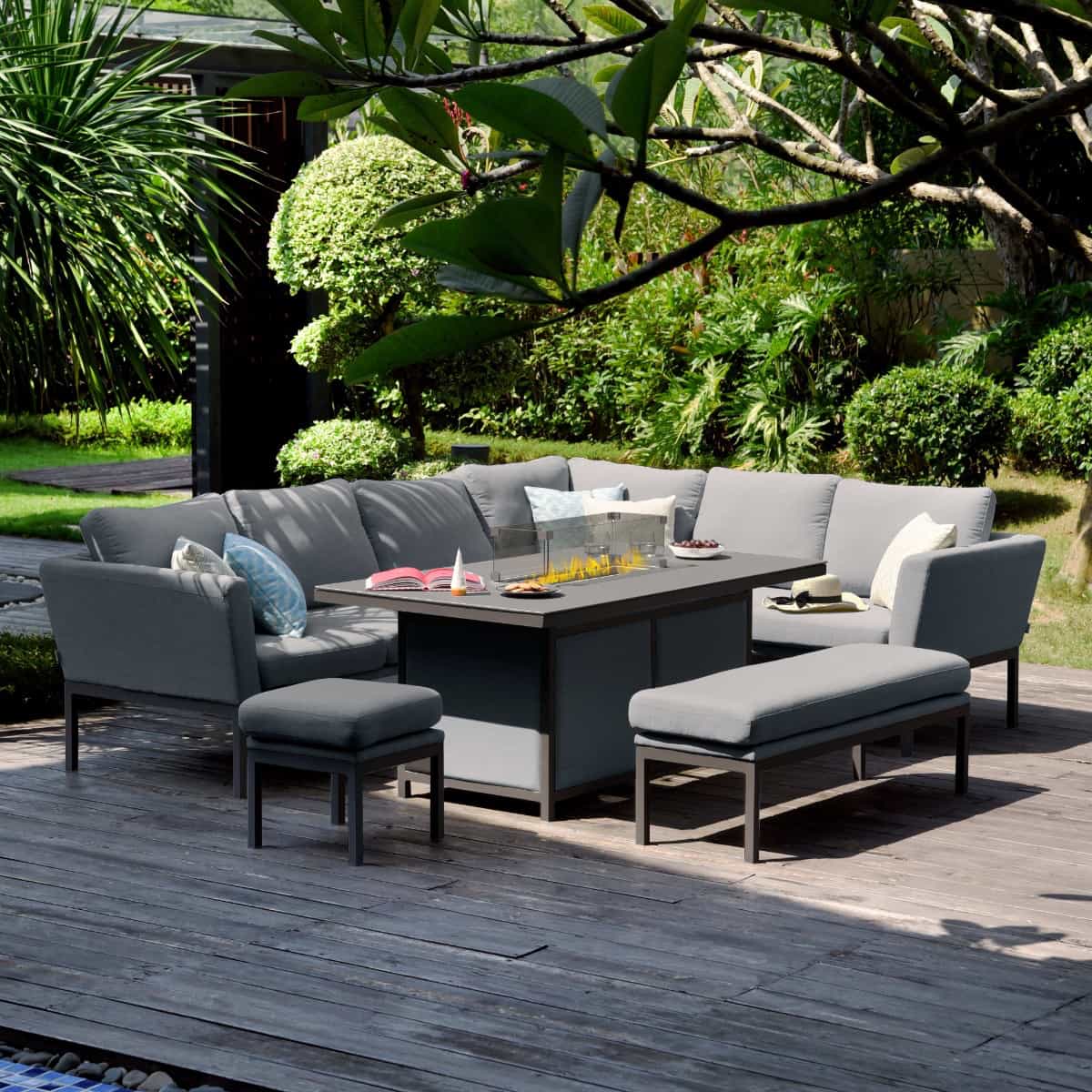 Fabric corner sofa dining set with rectangular fire pit table, bench and one stool #colour_flanelle