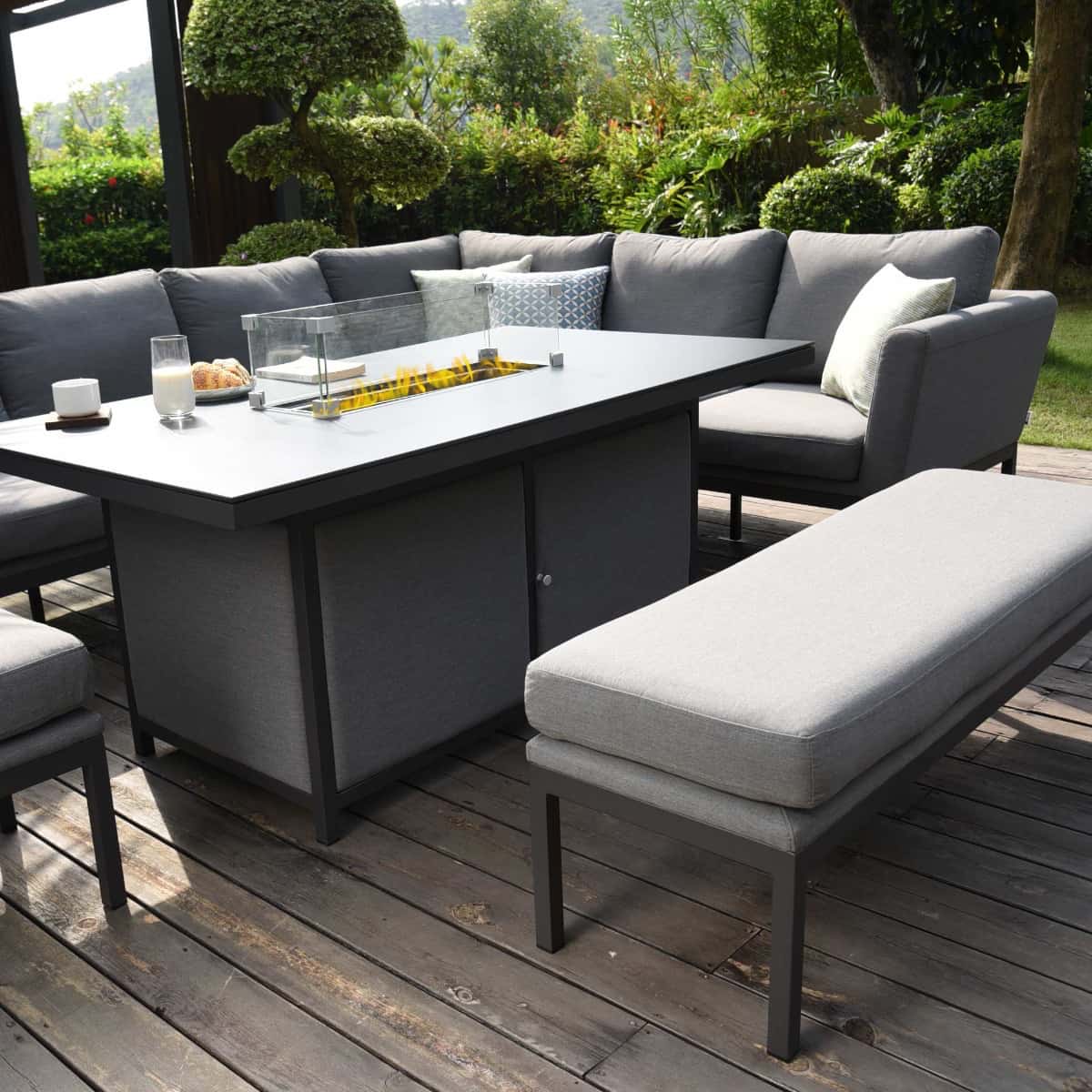 Fabric corner sofa dining set with rectangular fire pit table, bench and one stool #colour_flanelle
