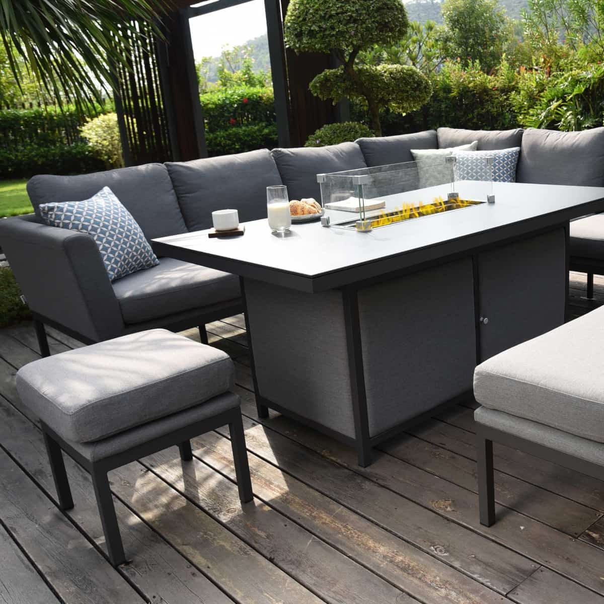 Fabric corner sofa dining set with rectangular fire pit table, bench and one stool #colour_flanelle