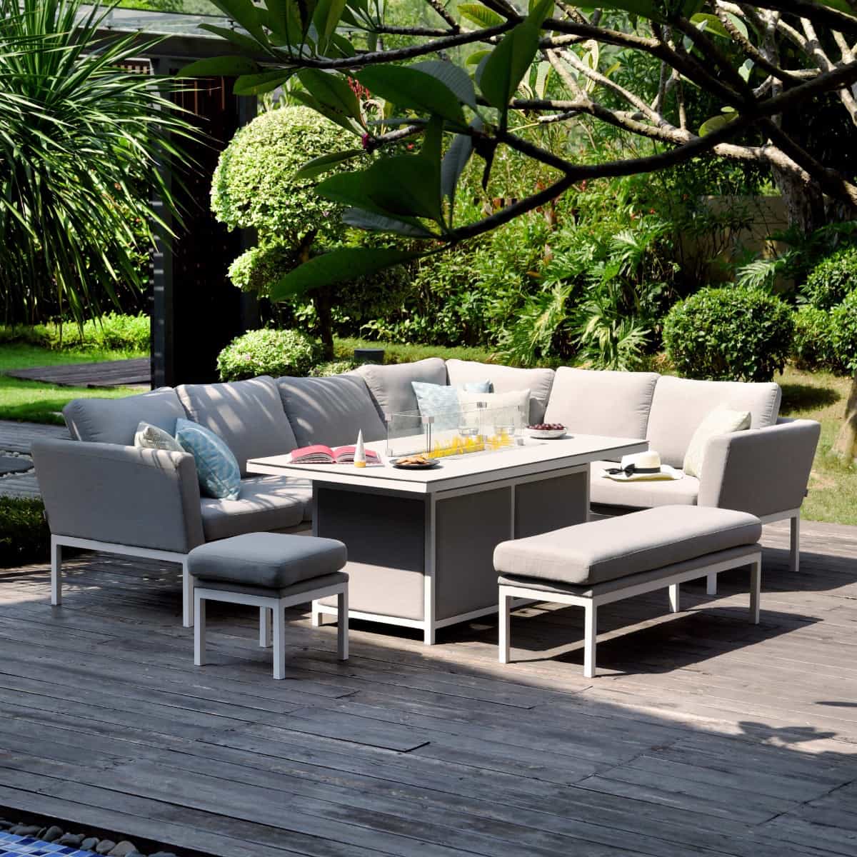 Fabric corner sofa dining set with rectangular fire pit table, bench and one stool #colour_lead chine