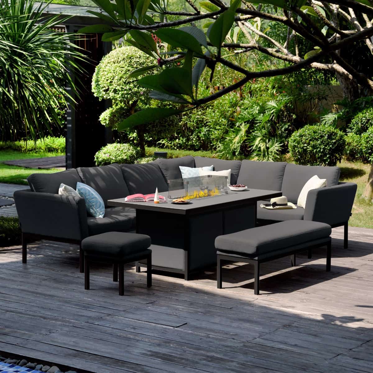 Fabric corner sofa dining set with rectangular fire pit table, bench and one stool #colour_charcoal