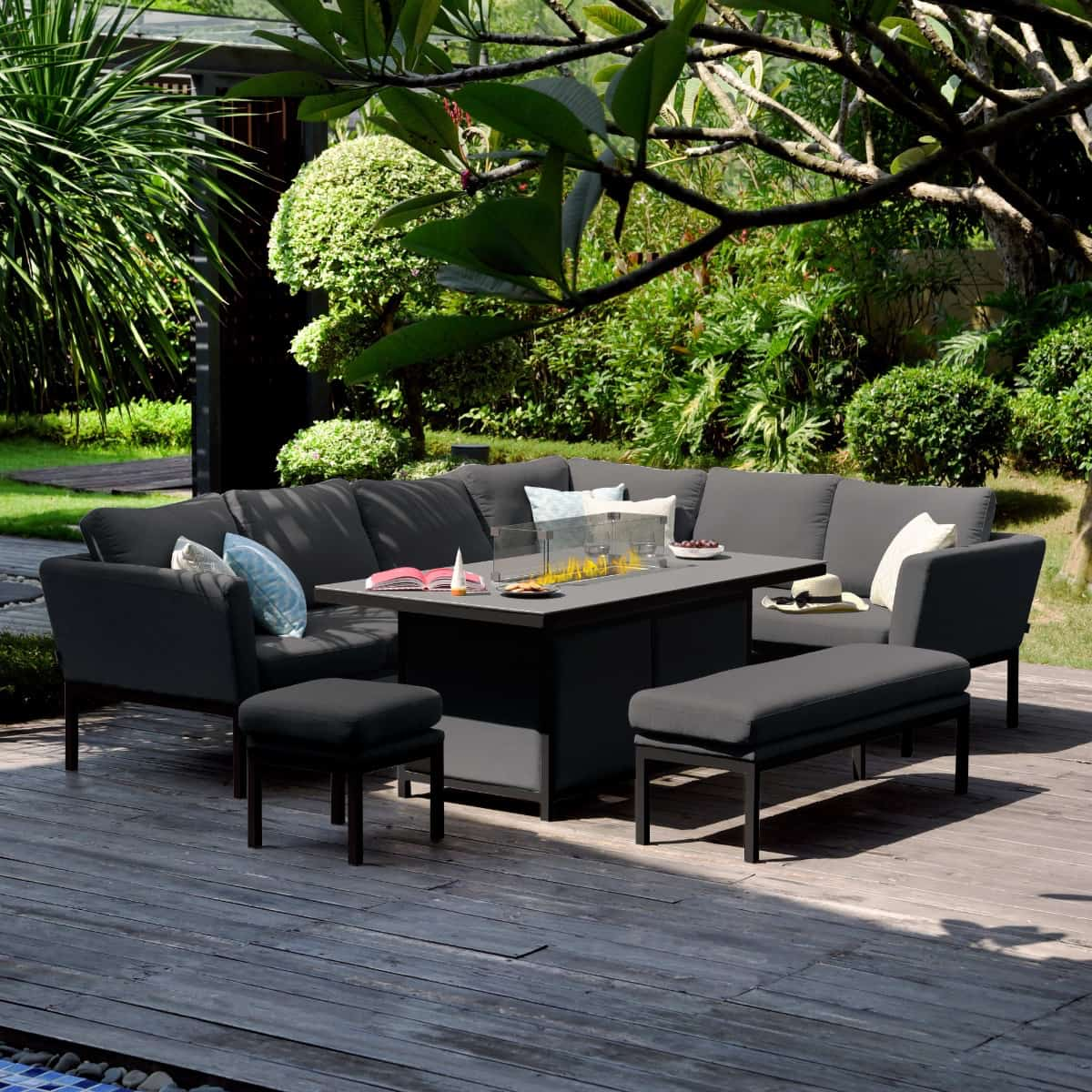 Fabric corner sofa dining set with rectangular fire pit table, bench and one stool #colour_charcoal