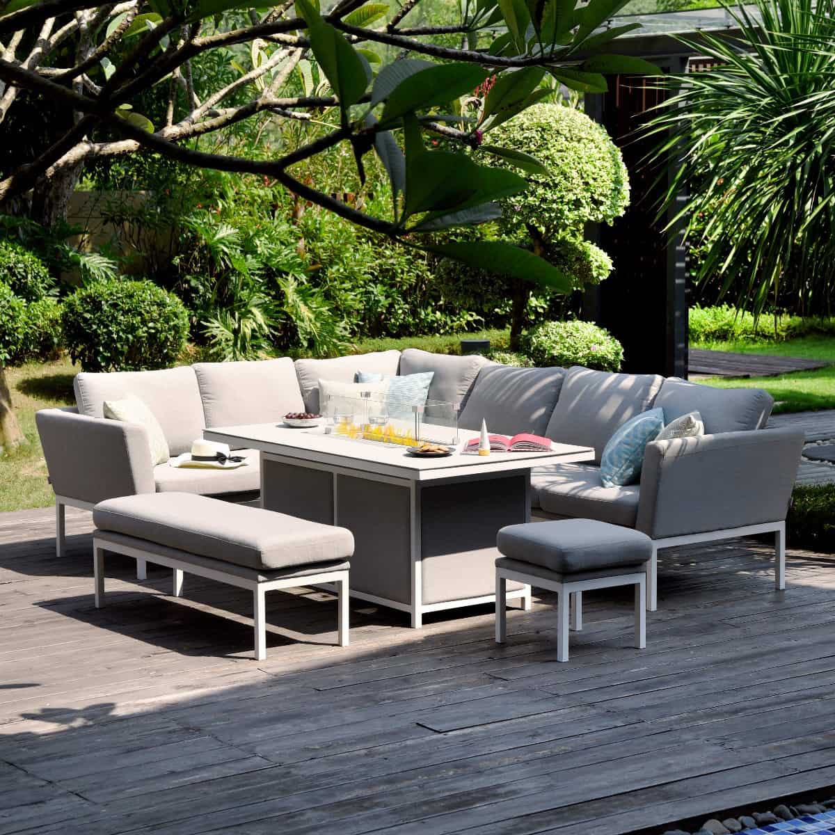 Fabric corner sofa dining set with rectangular fire pit table, bench and one stool #colour_lead chine