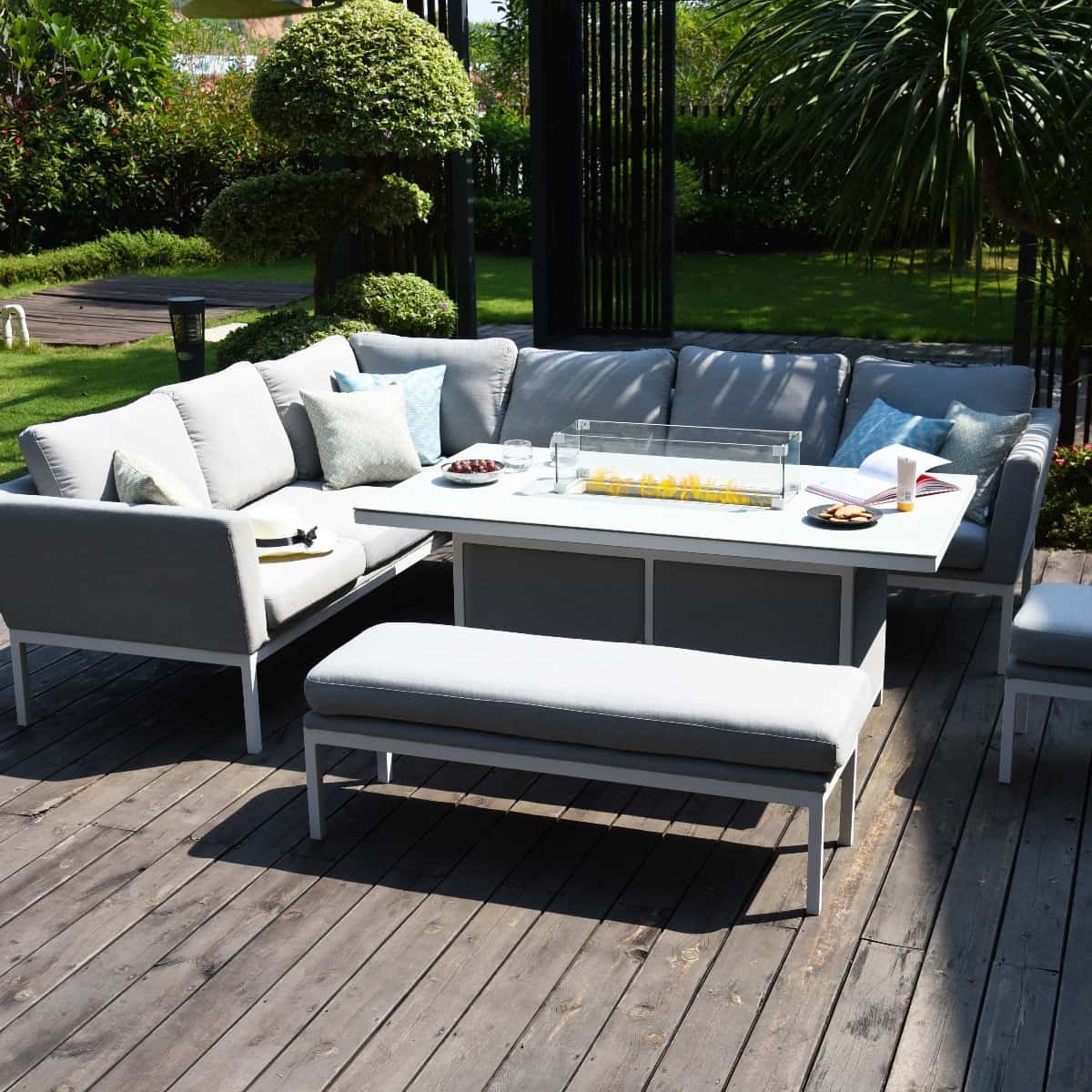 Fabric corner sofa dining set with rectangular fire pit table, bench and one stool #colour_lead chine