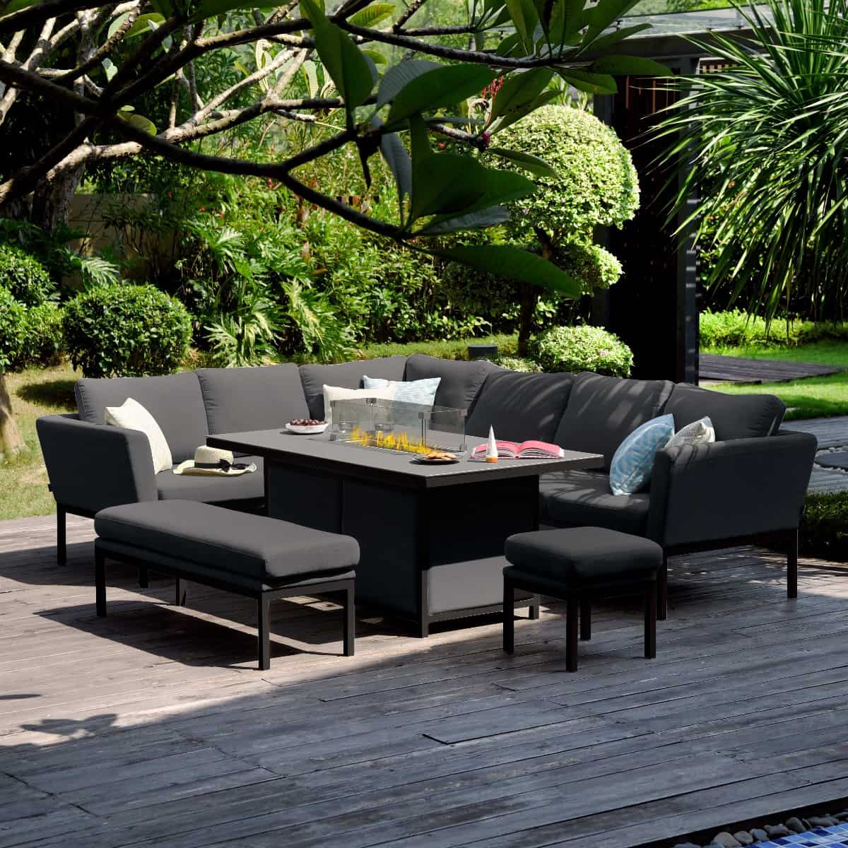 Fabric corner sofa dining set with rectangular fire pit table, bench and one stool #colour_charcoal